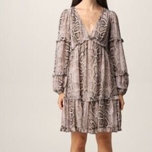 Michael Kors Snakeskin Print Dress‎ V-Neck Long Sleeve Ruffle Tiered Mini Sz XS